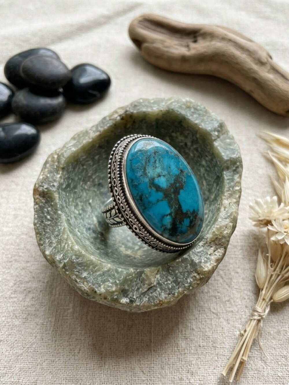 925 Sterling Silver Genuine Turquoise Large Oval Cabochon Western Ring Size 8.5 - Picture 11 of 15